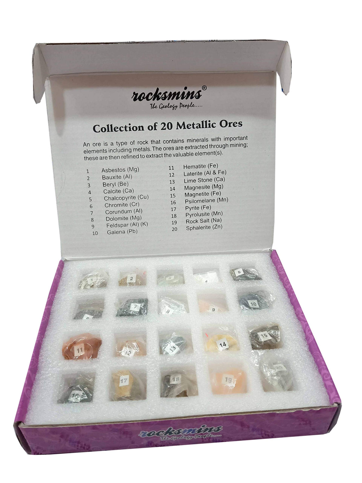 Rocksmins MO20PT Collection of 20 Metallic Ores Set of 20 Specimen for Education School Education Samples Activity Geology Earth