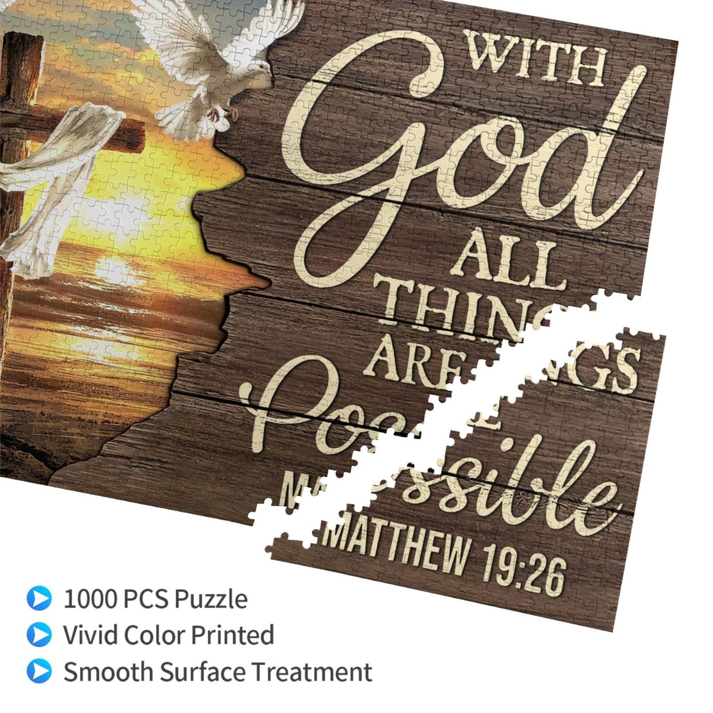 Christian Jigsaw Puzzles 1000 Pieces for Adults, Ocean Cross & Matthew 19:26 with God All Things are Possible, Inspirational Bea