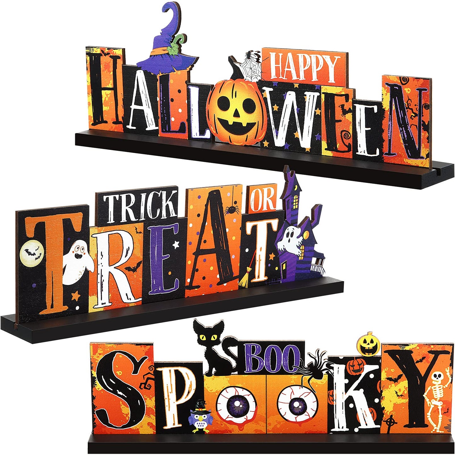 3 Pieces Halloween Table Decorations Pumpkin Table Centerpiece Boo Spooky Wood Sign Trick or Treat Witch Hat Table Decor for Hal