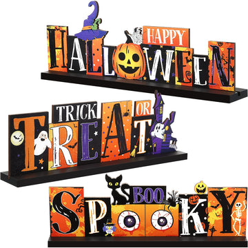 3 Pieces Halloween Table Decorations Pumpkin Table Centerpiece Boo Spooky Wood Sign Trick or Treat Witch Hat Table Decor for Hal