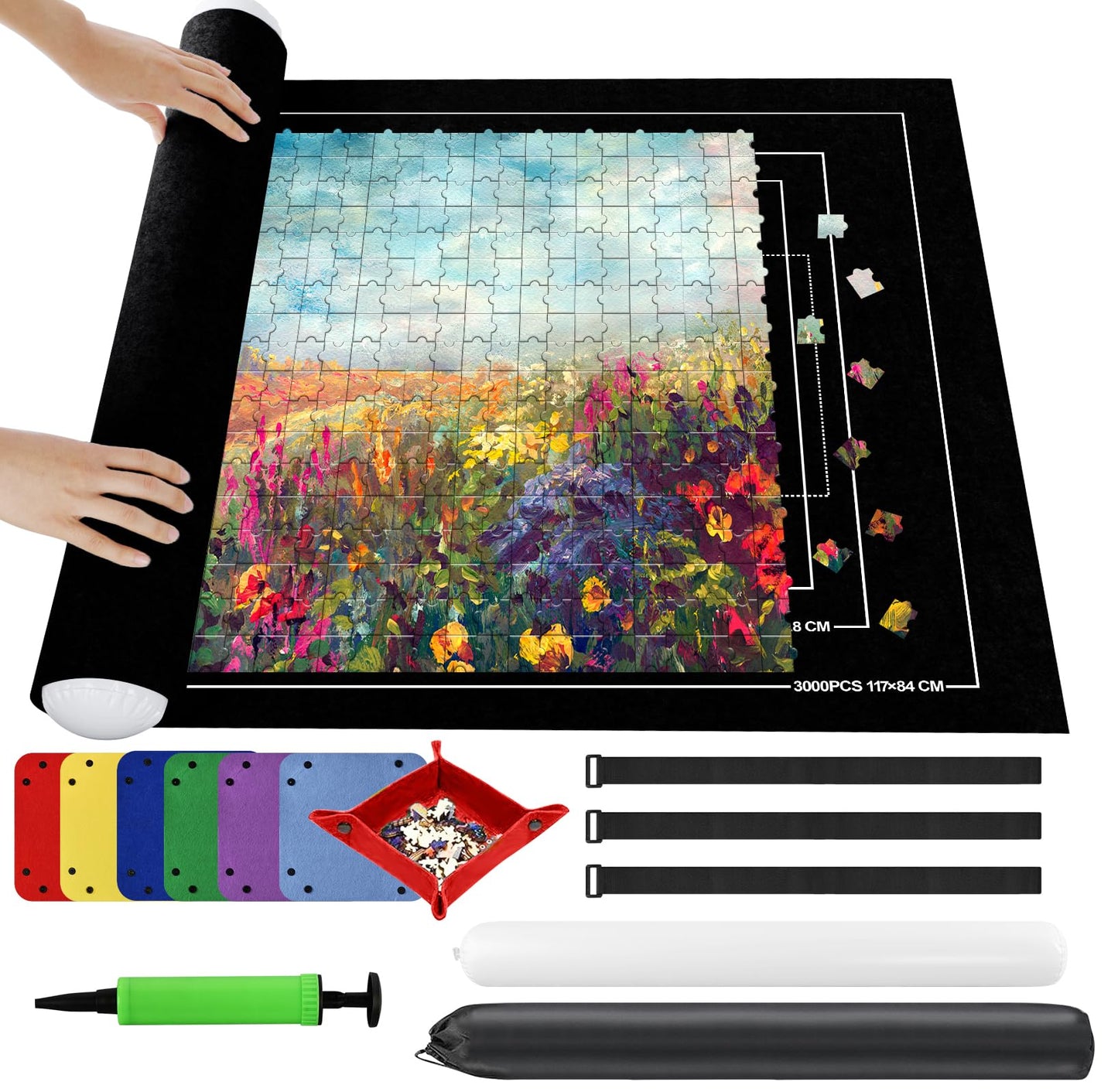 Ainiv Jigsaw Puzzle Mat Roll Up 3000 Pieces  55 x 39 Portable Felt Puzzles Board with 6 Sorting Trays & Travel Storage Bag  Jigsaw Saver Pad Keeper for mature-themeds Teens  Black