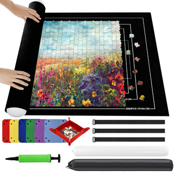 Ainiv Jigsaw Puzzle Mat Roll Up 3000 Pieces  55 x 39 Portable Felt Puzzles Board with 6 Sorting Trays & Travel Storage Bag  Jigsaw Saver Pad Keeper for mature-themeds Teens  Black