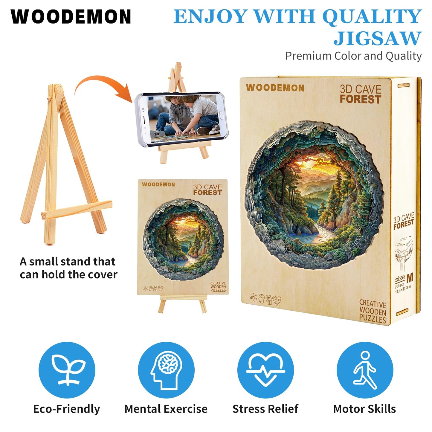 Woodemon Wooden Puzzles For Adults, 3D Cave Forest (M-200Pcs) Wooden Jigsaw Puzzles For Kids, 11.4 * 11.3In Unique Shaped Animal