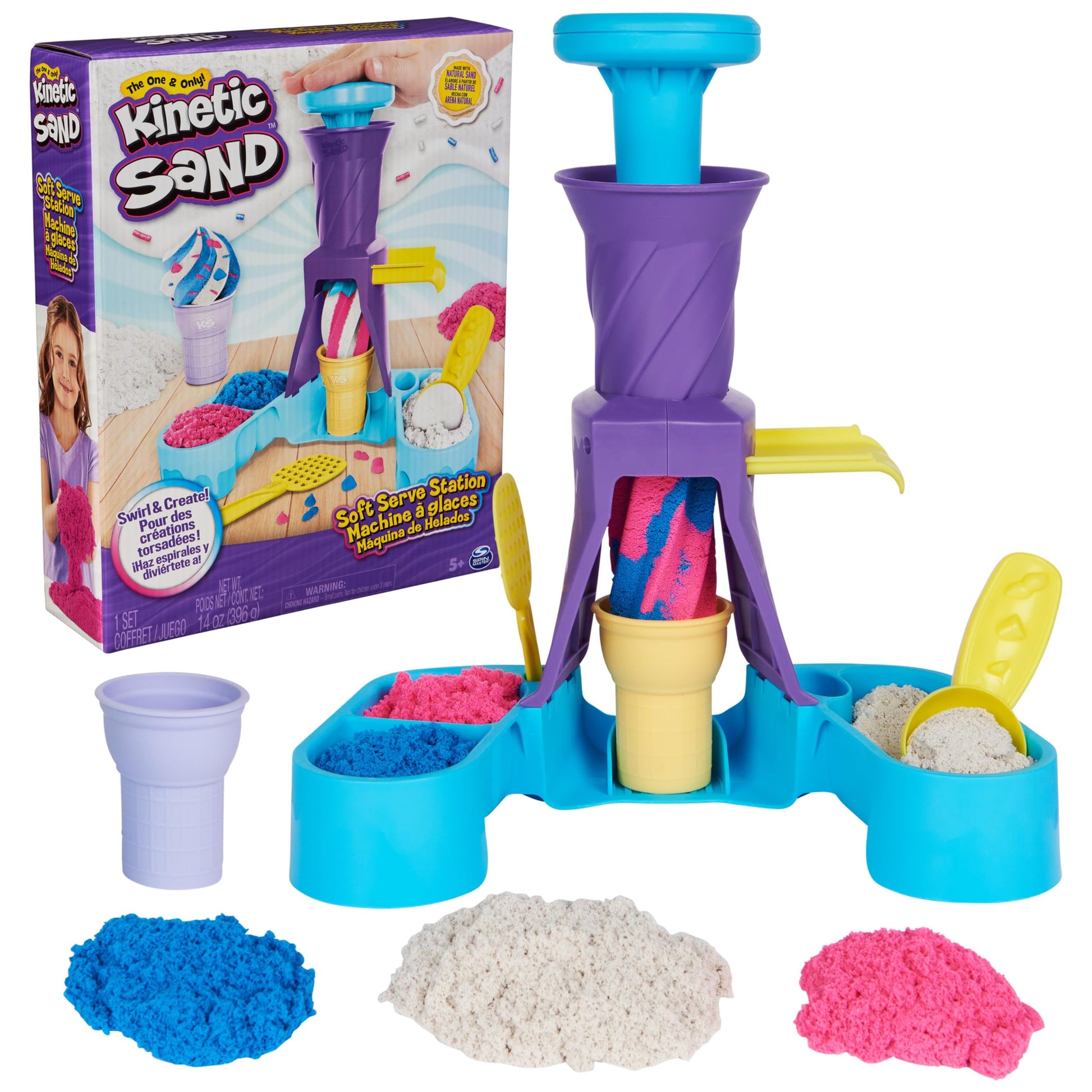 Kinetic Sand, Soft Serve Station with 14oz of Play Sand (Blue, Pink and White), 2 Ice Cream Cones and 2 Tools, Sensory Toys for 
