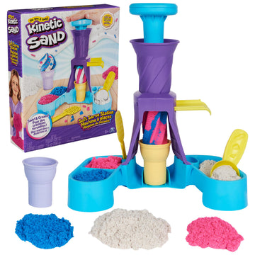 Kinetic Sand, Soft Serve Station with 14oz of Play Sand (Blue, Pink and White), 2 Ice Cream Cones and 2 Tools, Sensory Toys for 