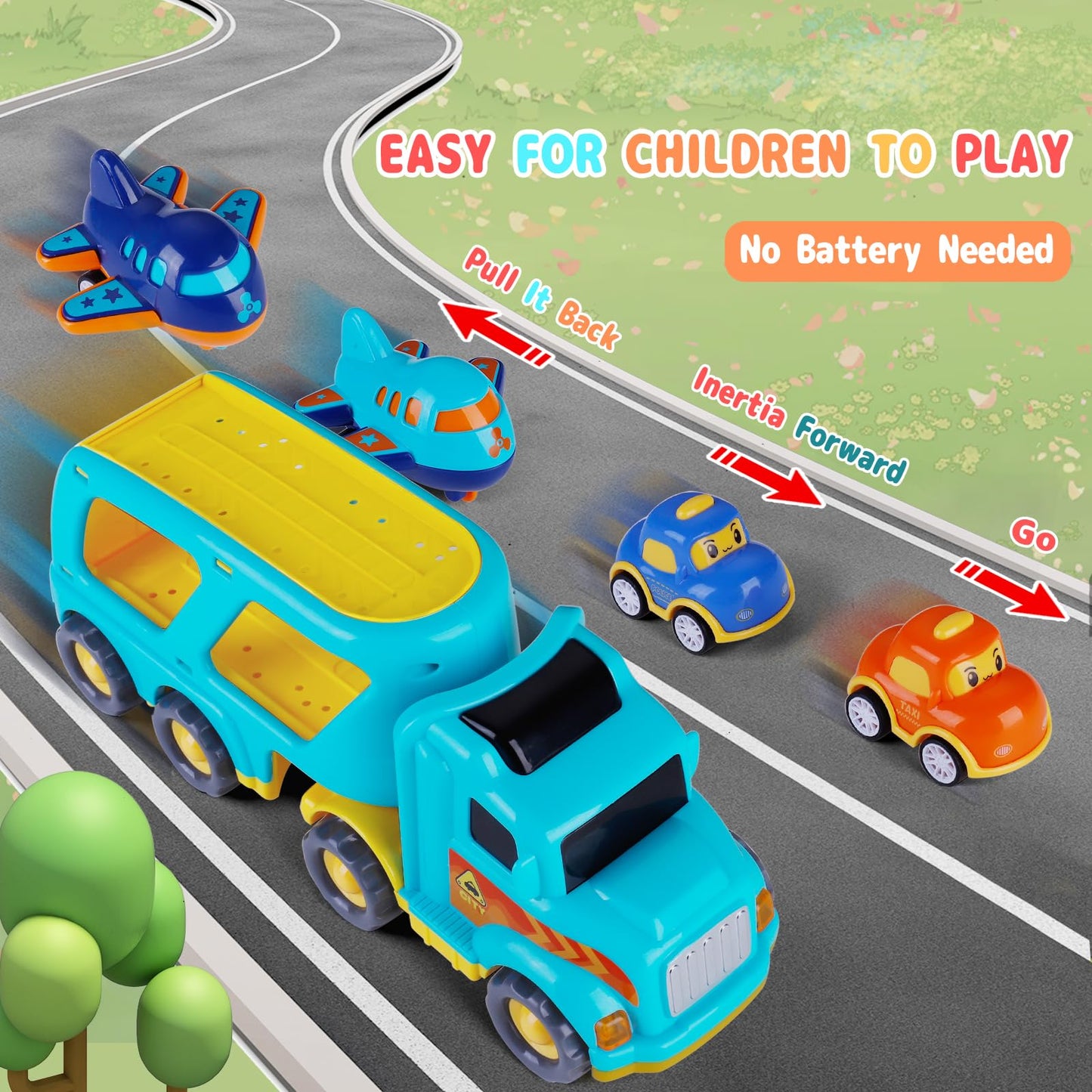 SHAWE 5 in 1 Toys Cars for 3 4 5 6 Years Old Toddlers Boys Girls Gifts, Transport Truck Toys with Sound & Light, Cute Pull Back