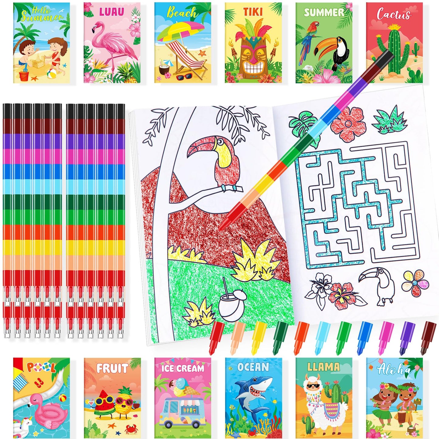 24 Summer Coloring Books With 24 Stacking Crayons Beach Flamingo Watermelon Fruit Birthday Party Favors Mini Drawing Book Bulk F