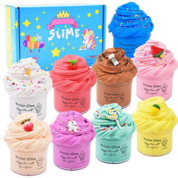WUHUANIU 9 Pack Scented Butter Slime Kit Ideal Slimes Bulk for Kids Super Soft and Non Sticky DIY Slime Surprise Toy with Charm Unicorn Cherry Ice Cream Cake Watermelon Latte and More