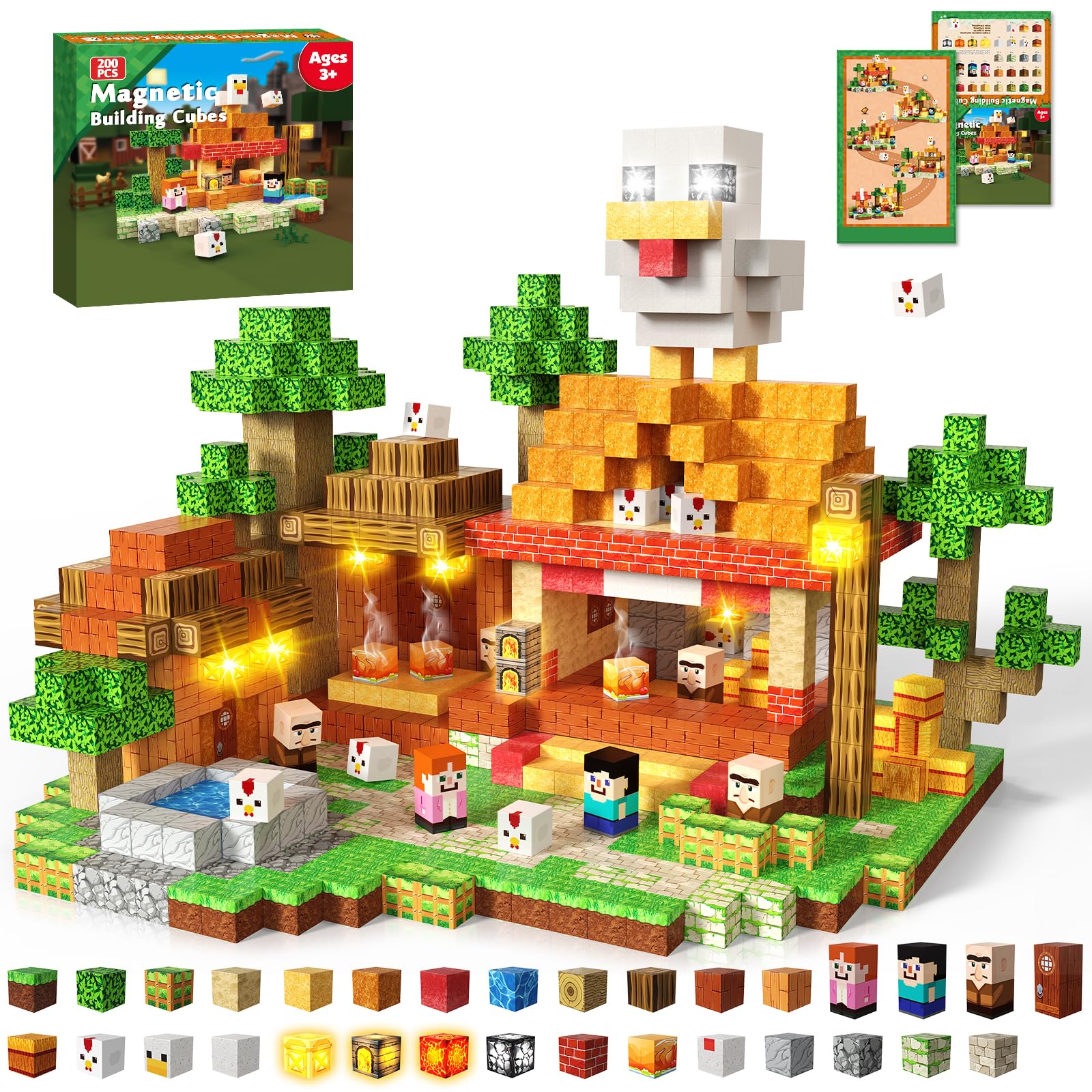 Annexfun 200 PCS Magnetic Blocks with Light Up Blocks,Magnetic Cubes Building Blocks Toys for Ages 3-10 STEM Sensory Educational