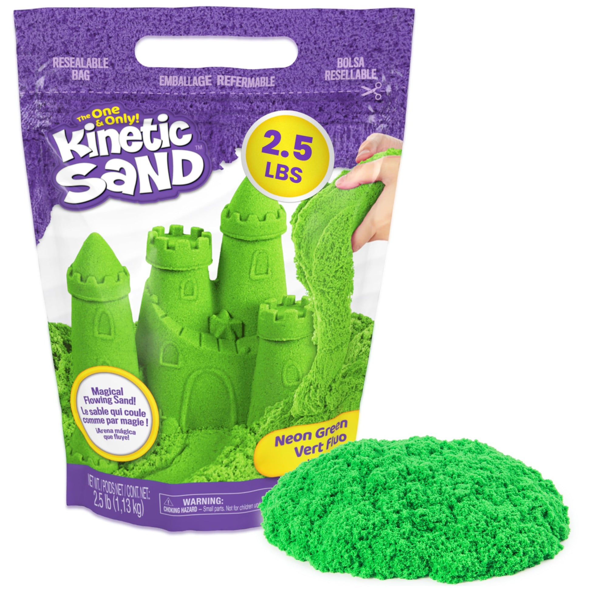 Kinetic Sand, 2.5lbs Green Play Sand, Moldable Sensory Toys for Kids, Resealable Bag (Packaging May Vary), for Ages 3 and up