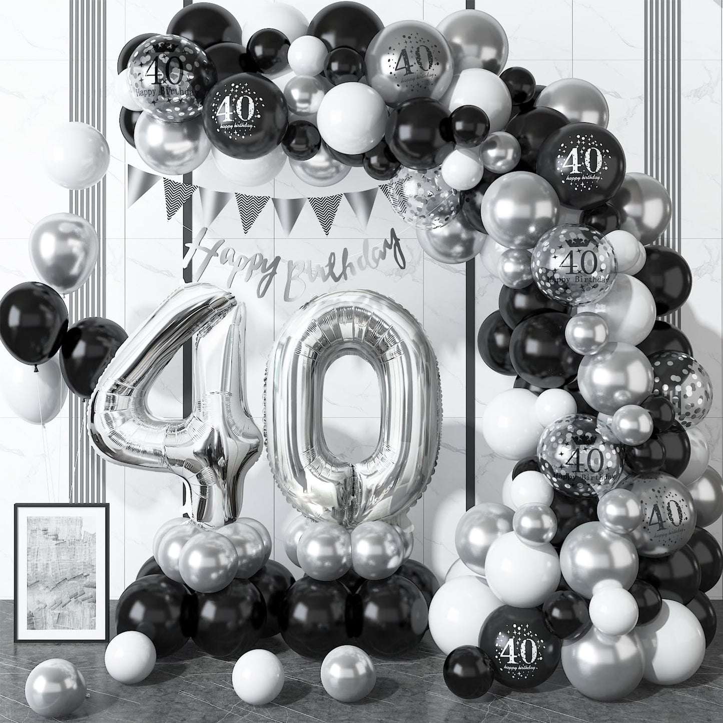 40Th Birthday Decorations Black Silver,40Th Birthday Balloon Garland Party Decorations With Number 40 Foil Balloons,Happy Birthd