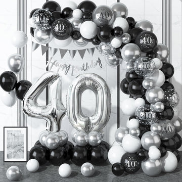 40Th Birthday Decorations Black Silver,40Th Birthday Balloon Garland Party Decorations With Number 40 Foil Balloons,Happy Birthd