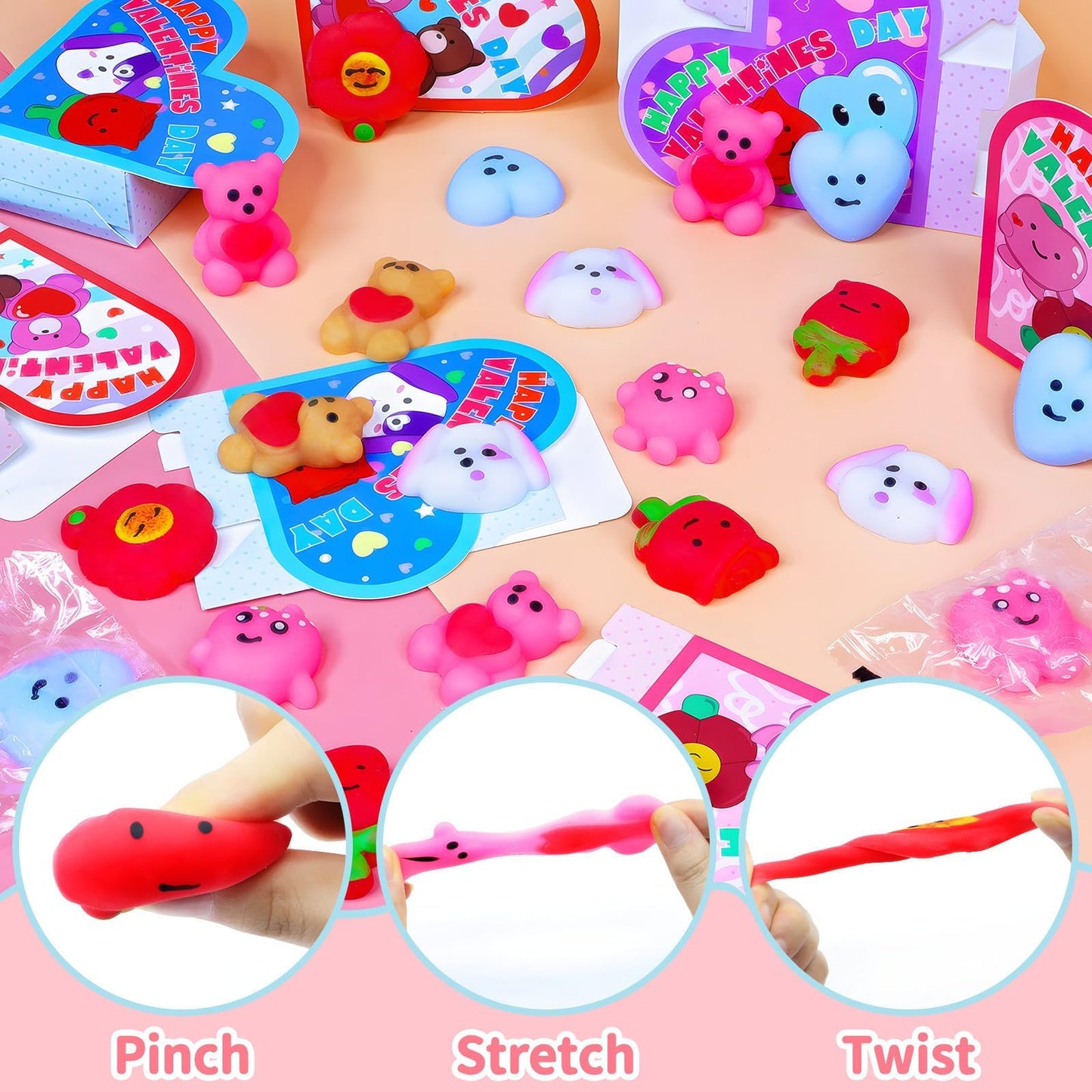 Amenon 28 Pack Valentines Mochi Squishy Toys With Unique Gift Boxes Greeting Cards, Valentines Gifts For Kids Classroom School E