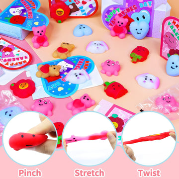 Amenon 28 Pack Valentines Mochi Squishy Toys With Unique Gift Boxes Greeting Cards, Valentines Gifts For Kids Classroom School E