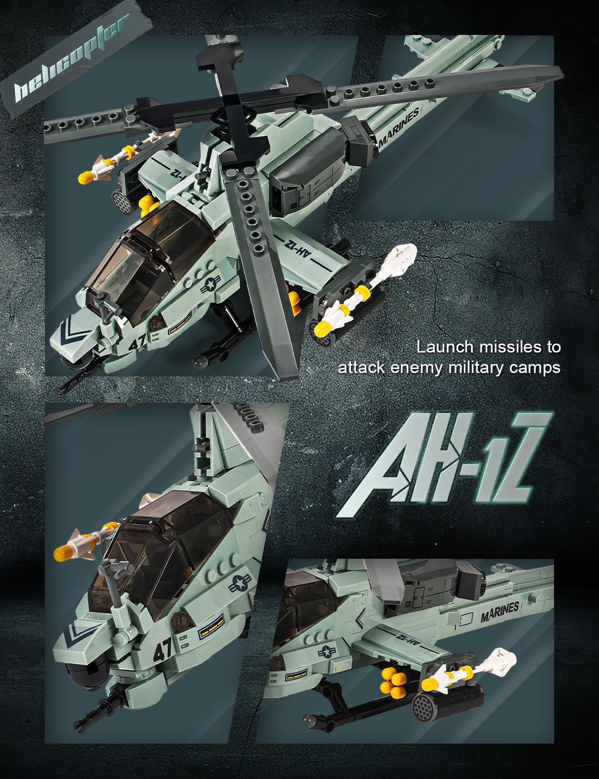 SEMKY AH-1Z Helicopter Building Block Set - 597 Pieces, Large Plastic Military Toy for Kids and Adults