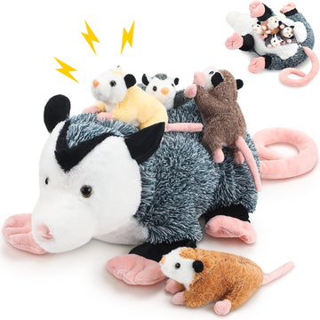 Hollowfly 5 Pcs Stuffed Opossum Mommy Possum Plush With 4 Baby Opossums Stuffed Toy On Her Back, Magnetic Attraction Cotton Plus