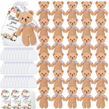 Wettarn 50 Sets Baby Shower Small Bears Tiny Plush Bear Bulk With Flower Thank You Tag And Mesh Bag 4.72'' Tiny Bear Baby Shower