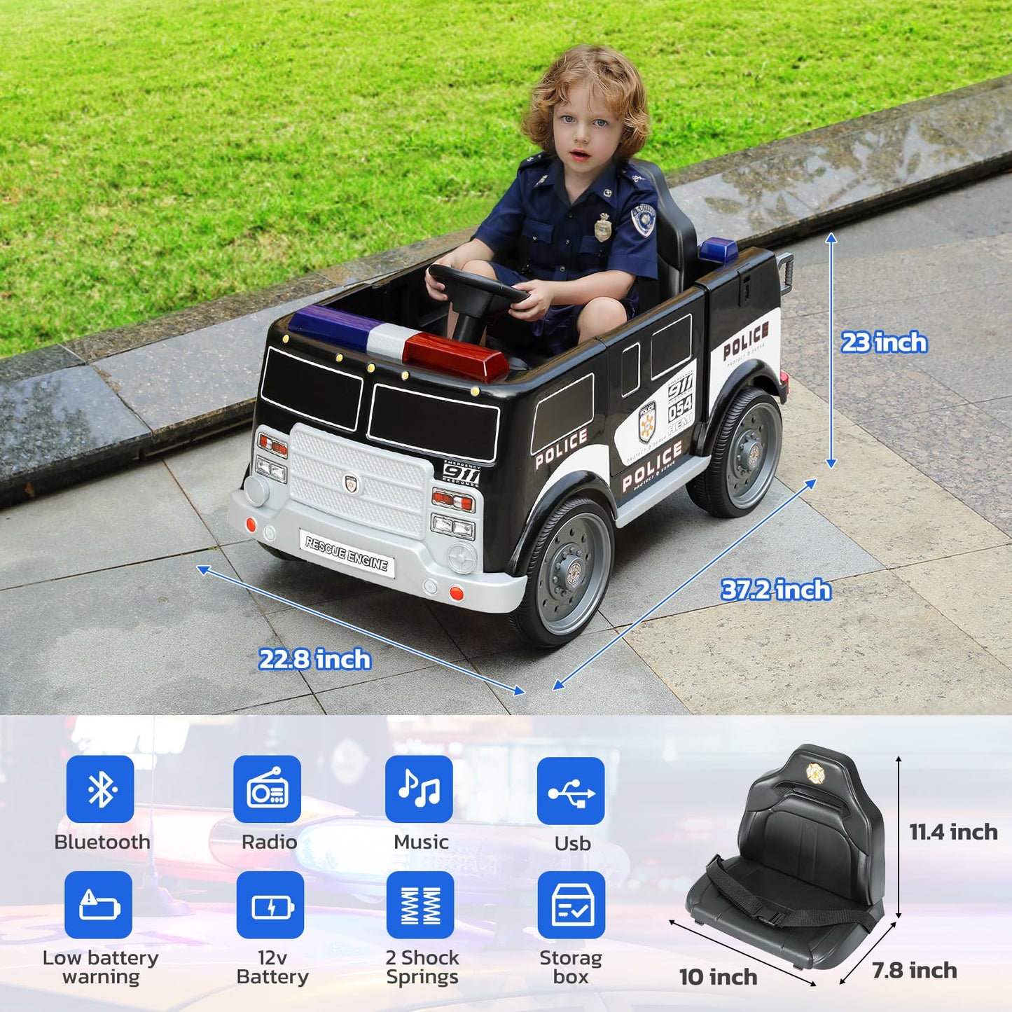 Elemara 12V Ride On Police Car, Electric Ride On Truck For Kids,Battery Powered Toddler Car Ride On Toy W/Parent Remote Control,Siren-Call,Walkie-Talkies, Flashing Lights,Bluetooth,Music,Dark Black