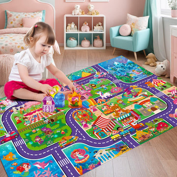 Oriate Kids Dream Mat Girls Toy Car Playmat, Princess Castle Girl Pink Kids Play Mat, Parent-Kid Interaction Pretend Game Mat For Playroom Classroom Bedroom Floor Decor, Ideal Girl Toys Play And Learn