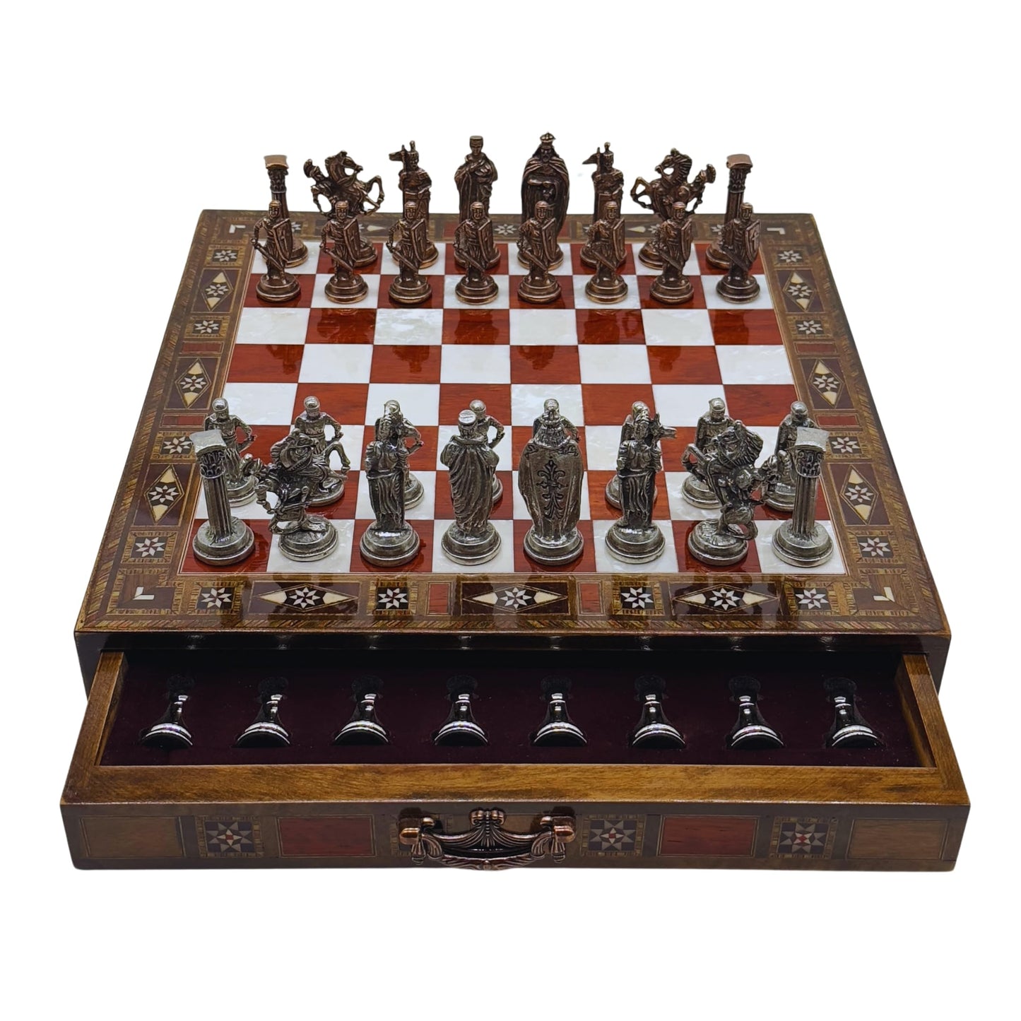 15 Handmade Chess Set With British Army Metal Chess Pieces, Luxury Storage Chess Board, For All Ages, Ideal For Father, (Rose)