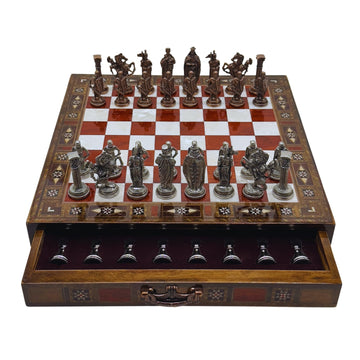 15 Handmade Chess Set With British Army Metal Chess Pieces, Luxury Storage Chess Board, For All Ages, Ideal For Father, (Rose)