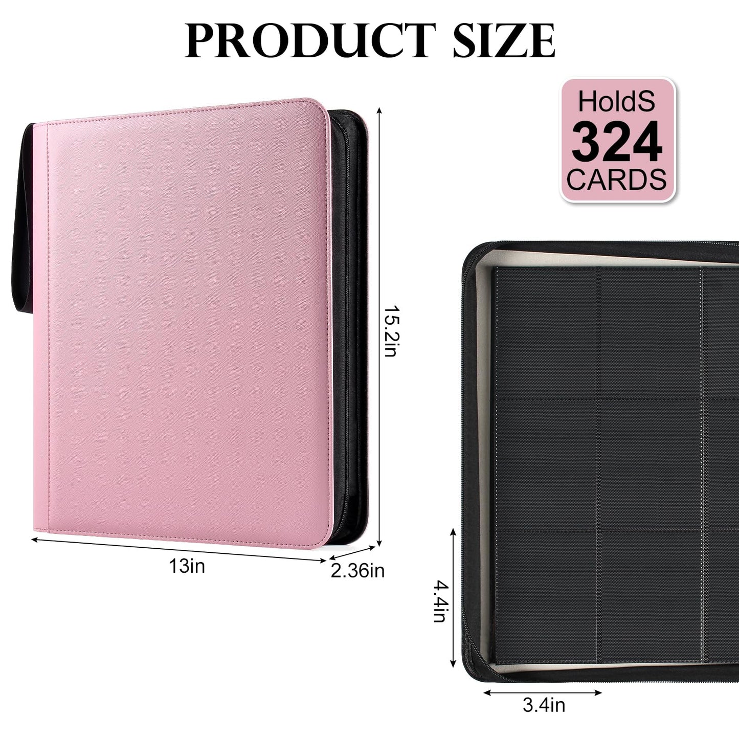 GEAoffice 9 Pockets Top Loader Binder Holds 324 Cards  enhanced PU Leather Trading Card Binder for Toploader  Side Loading Zipper Card Binder Top Loader for 3?4 Rigid  MTG  TCG  Waterproof  Pink