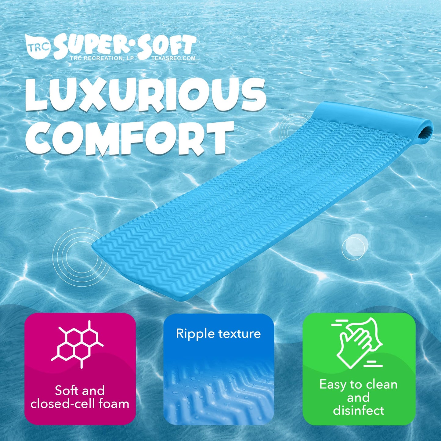TRC Recreation Serenity 1.5  Thick Vinyl Coated Foam Swimming Pool Float Mat mature-themed Lounger with Built-in Roll Pillow  Marina Blue