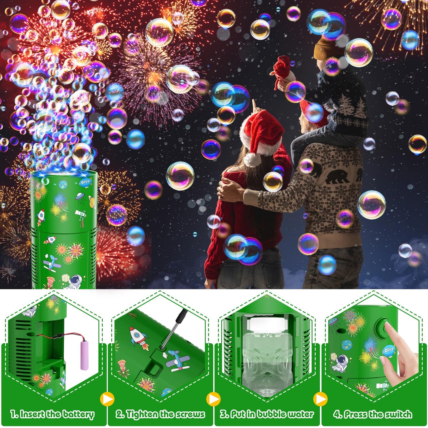 PANACARE Bubble Machine for Kids  Bubble Blower 10000+ Bubble per Min/Lights/DIY Stickers/Rechargeable battery/80ml Solution Automatic Bubble Toy for Kids Summer Outdoor Party Wedding