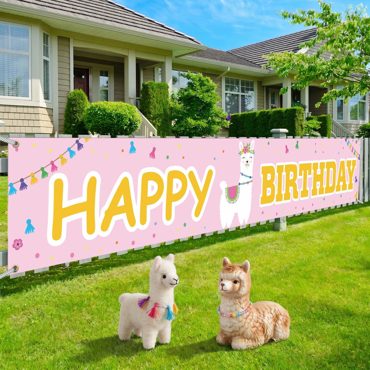 Llama Alpaca Happy Birthday Pink Banner Backdrop Cute Theme Decor Decorations for Yard Sign Girl Boy Princess Prince 1st Birthda