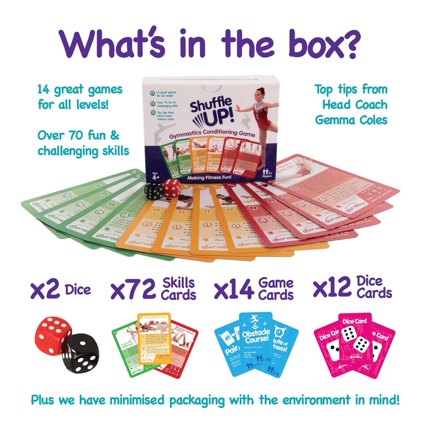 Shuffle Up Gymnastics Card Games - 70+ Active Skills Cards for Kids, Medium Size, Multicolor, Includes 2 Dices, Cardstock Material
