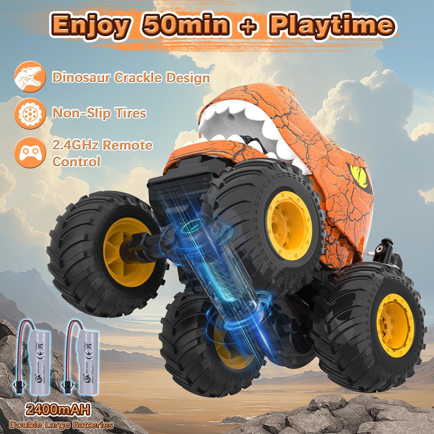 Dinosaur Remote Control Car - RC Car Toys for 4 5 6 7 8 Year Old Boys, 2.4Ghz RC Drift Monster Truck, 360Rotating Stunt Car with