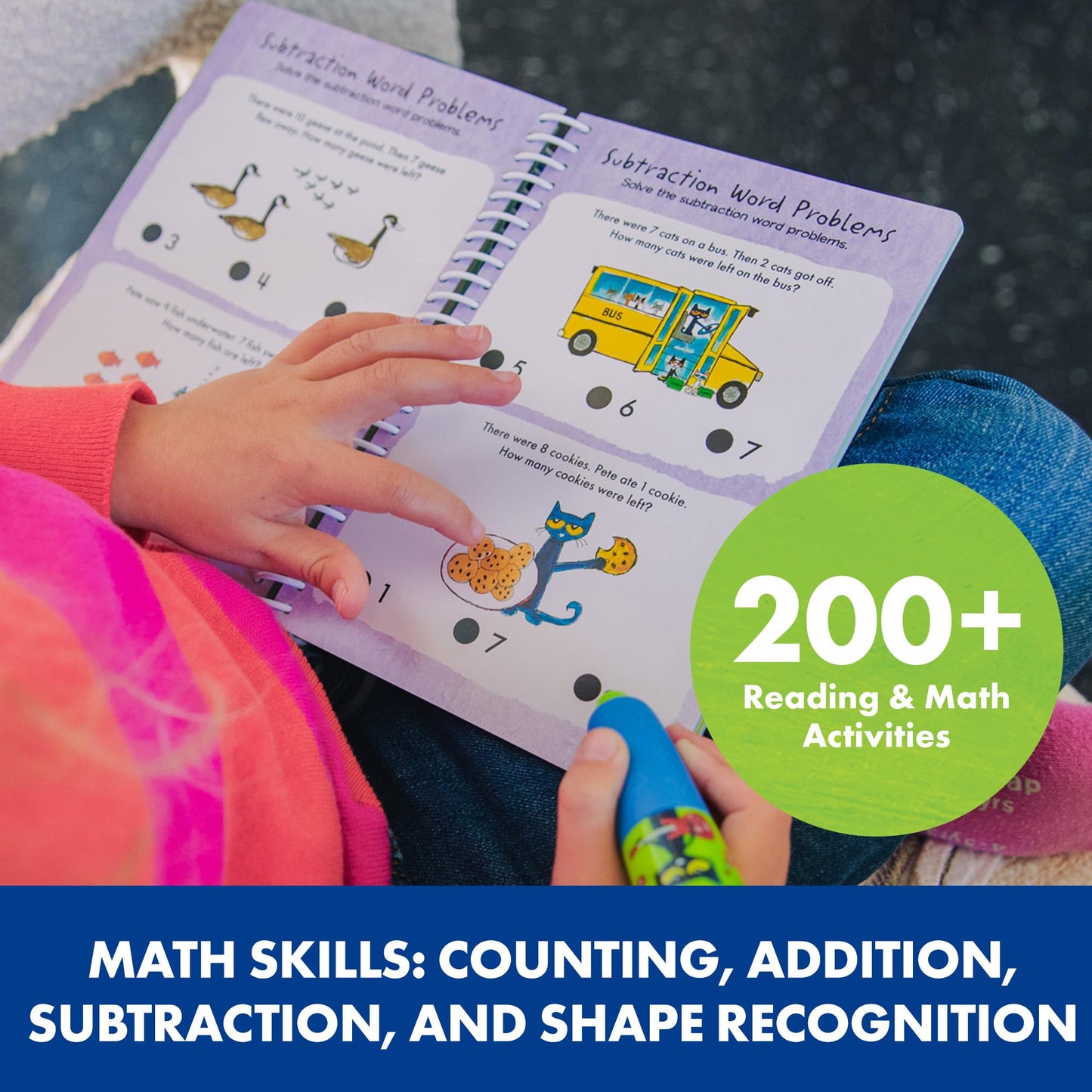 Educational Insights Hot Dots Pete The Cat Workbook, 200 Activities, Reading & Math for Kids Ages 5+, Multi, Model 2456
