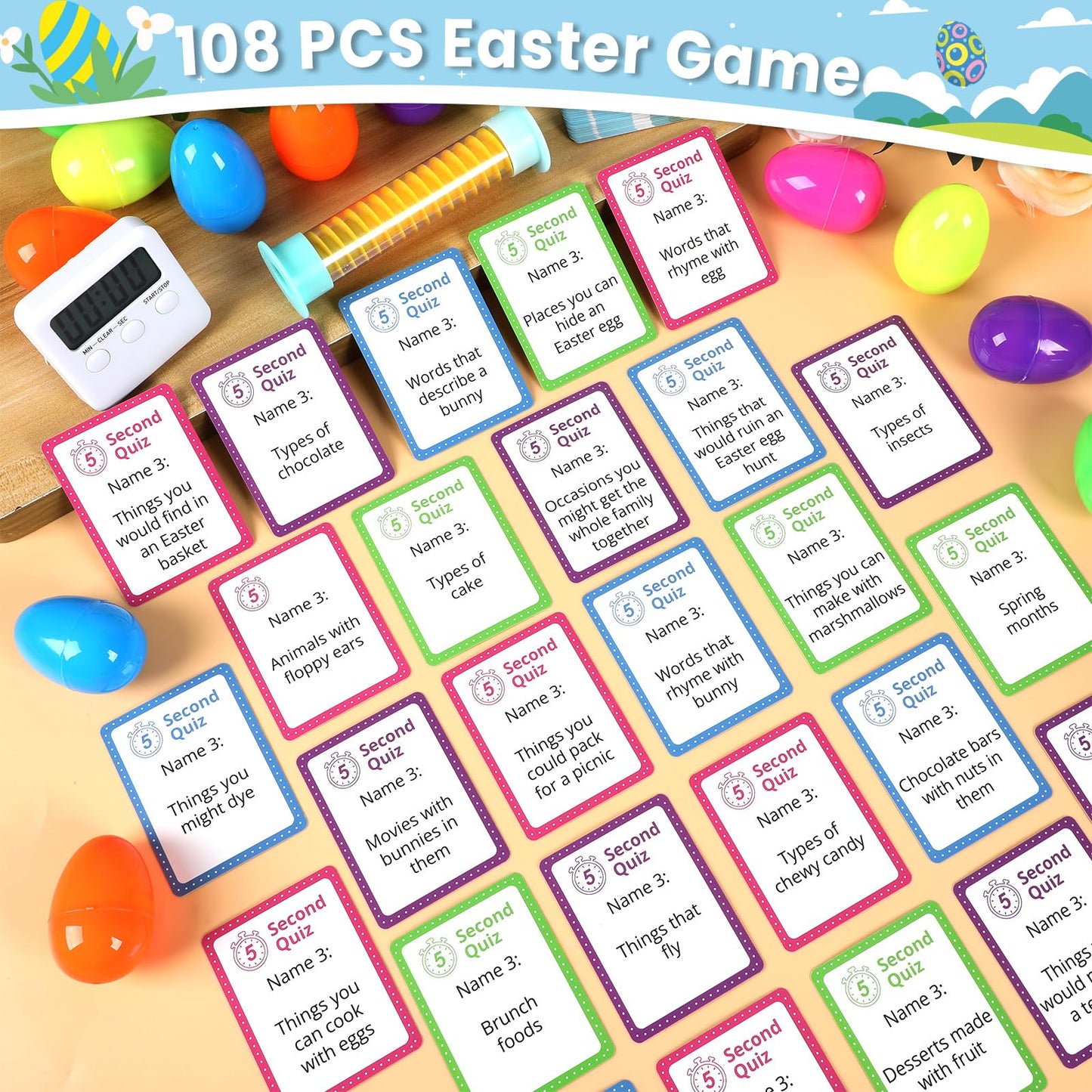 Easter 5 Second Game 108 Simple Question Cards Digital Timer And 5 Second Hourglass Question Card Games For Adults Family Party