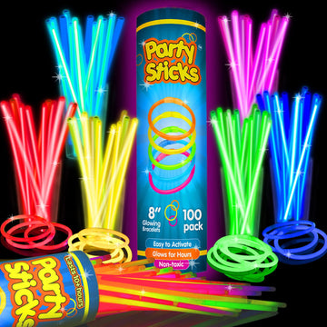 Partysticks 100 Ultra Bright Glow Sticks Bracelets And Necklaces - Premium Glow In The Dark Party Supplies And Decorations - Bulk 8' Glowsticks Party Favors Pack