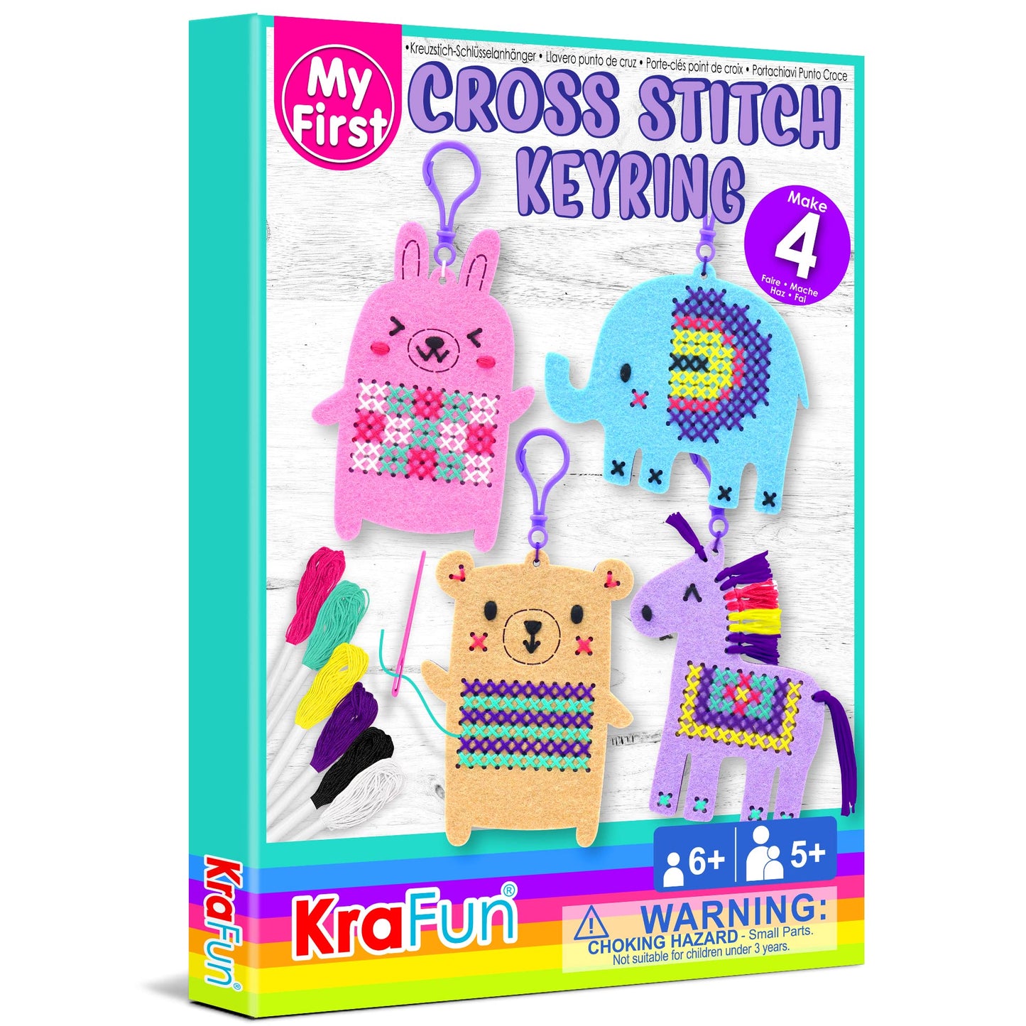 KRAFUN Cross Stitch Kits for Kids Beginners, 4 Cross Stitching Keyrings Arts & Crafts with Animals, Unicorn, Needlepoint Embroid