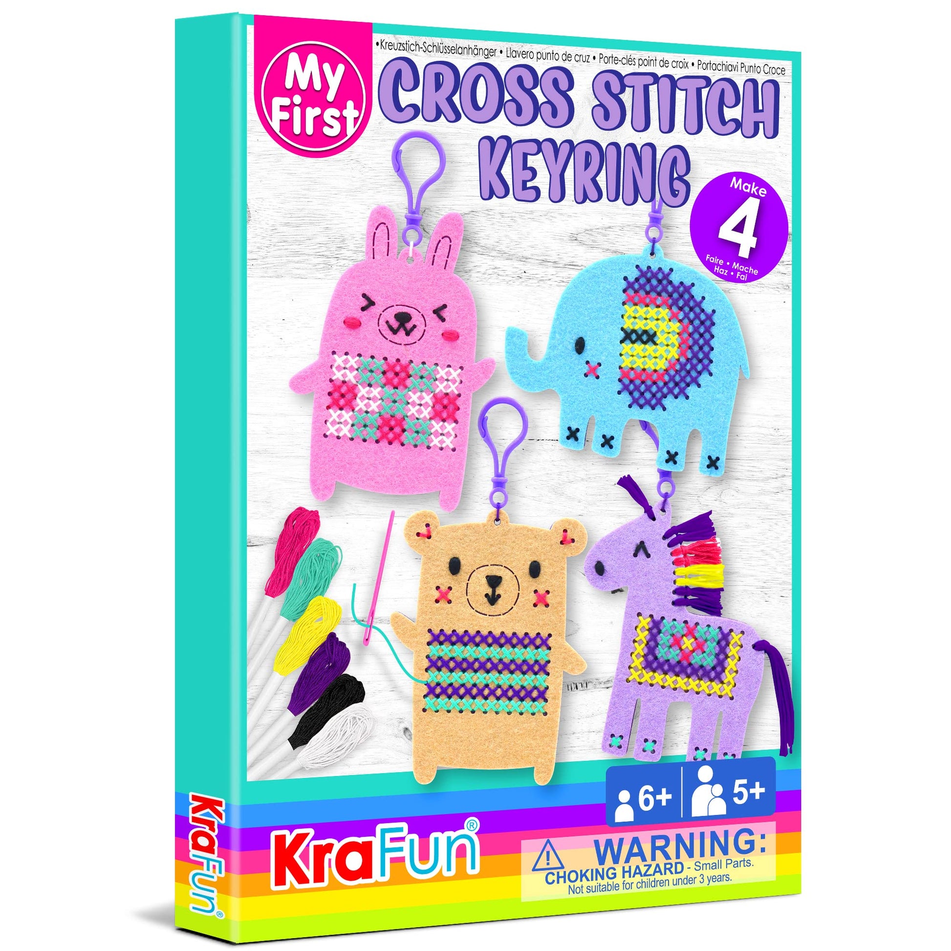 KRAFUN Cross Stitch Kits for Kids Beginners, 4 Cross Stitching Keyrings Arts & Crafts with Animals, Unicorn, Needlepoint Embroid