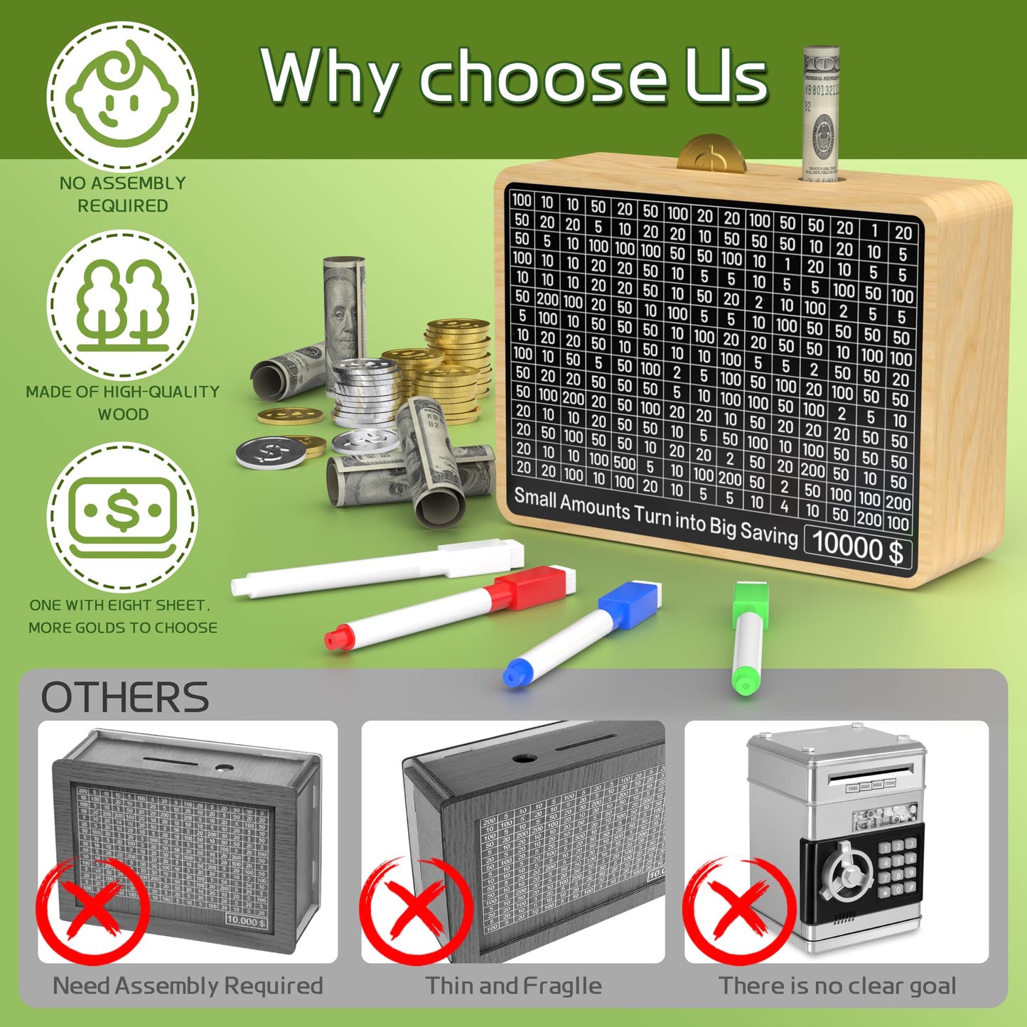 10000 Savings Box Challenge Money With 8 Targets ($500-$10K) Cash Vault Wooden Money Saving Box 10000 Piggy Bank For Kids Adults