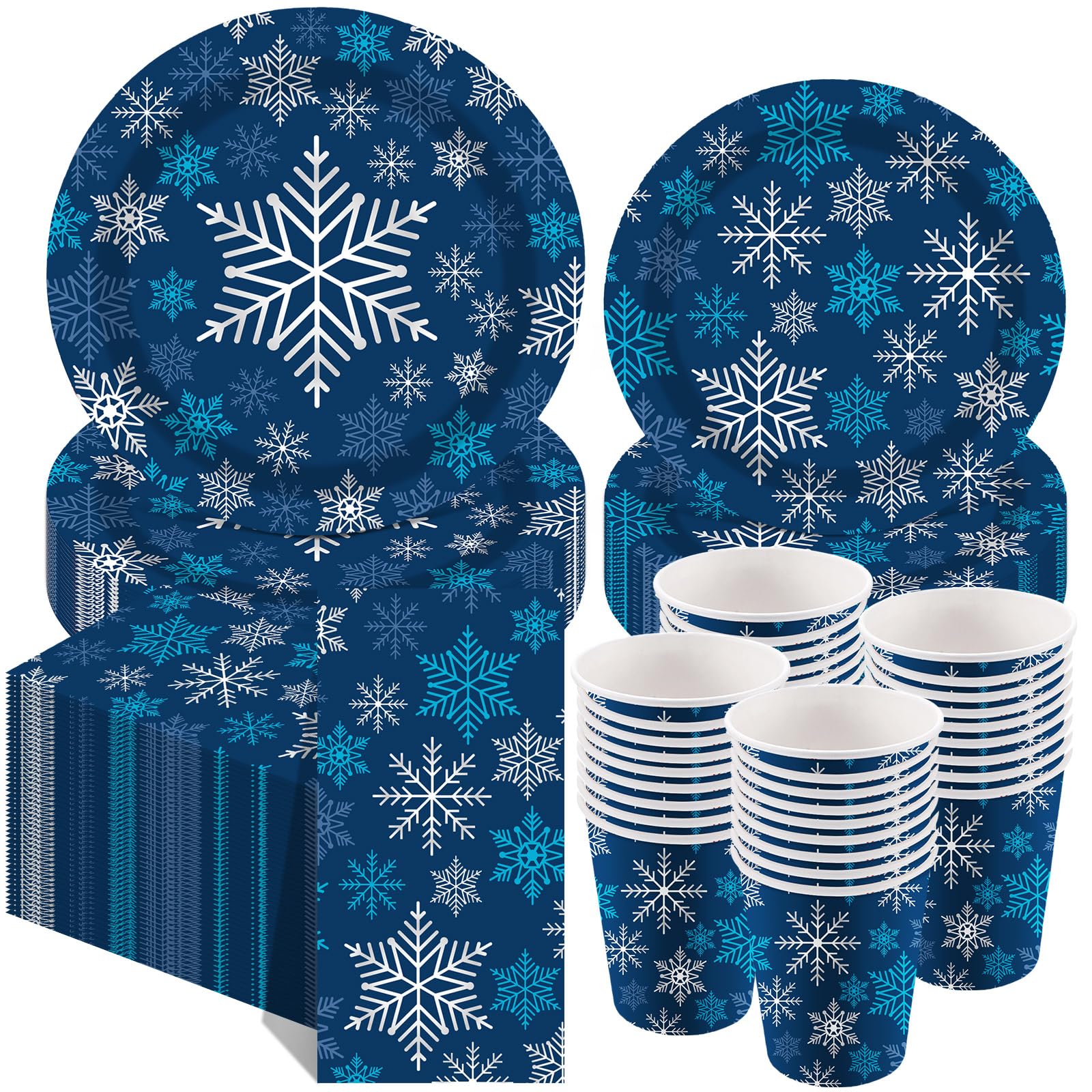 Pickmesh 250 Pcs Christmas Dinnerware Set Dark Blue Silver Snowflake Disposable Paper Plates Napkins and Cups Xmas Luncheon Dinn