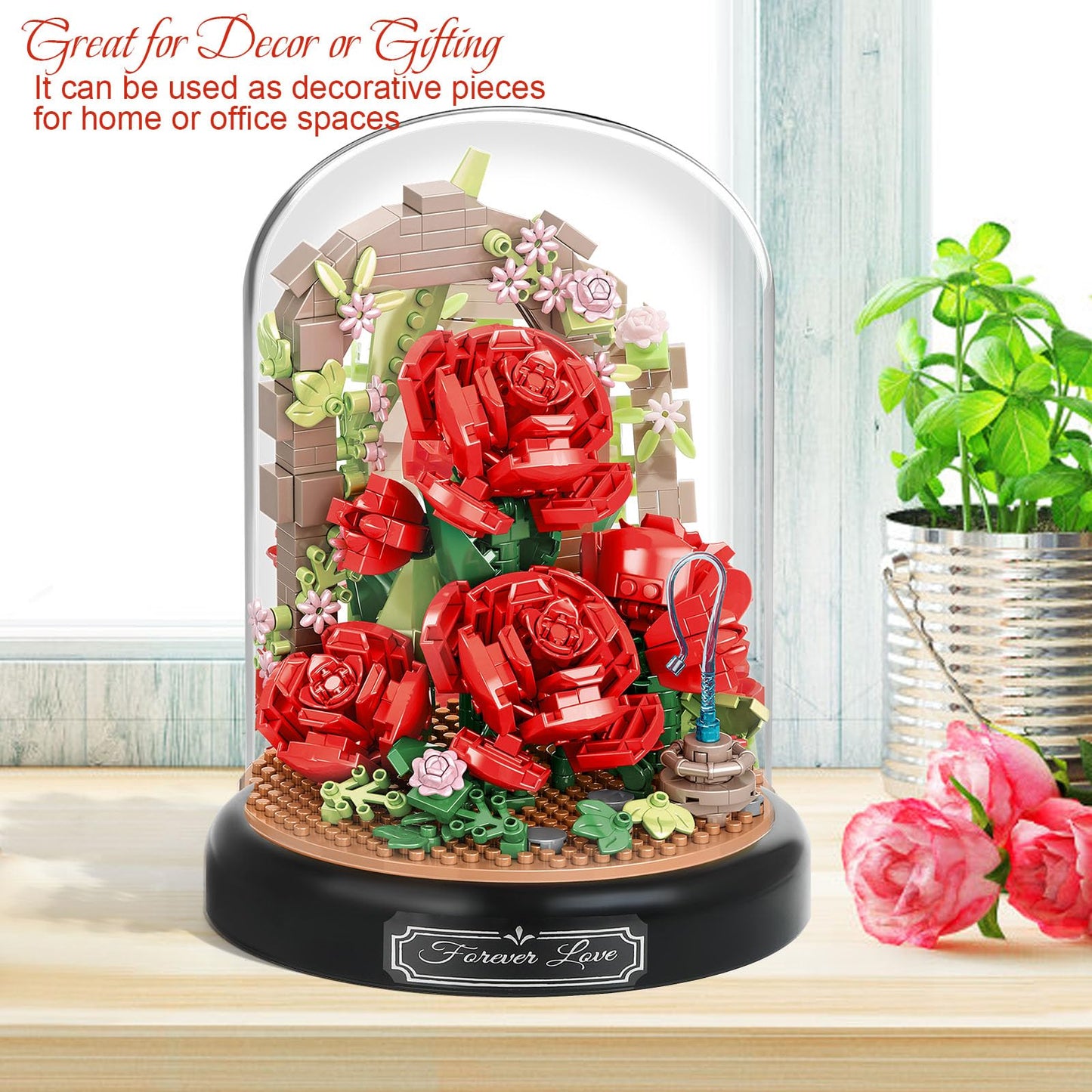 Plintone Blooming Red Roses Building Set For Adults, 574 Pcs Botanical Collection With Dust Cover, Romantic Rose Bouquet Bonsai