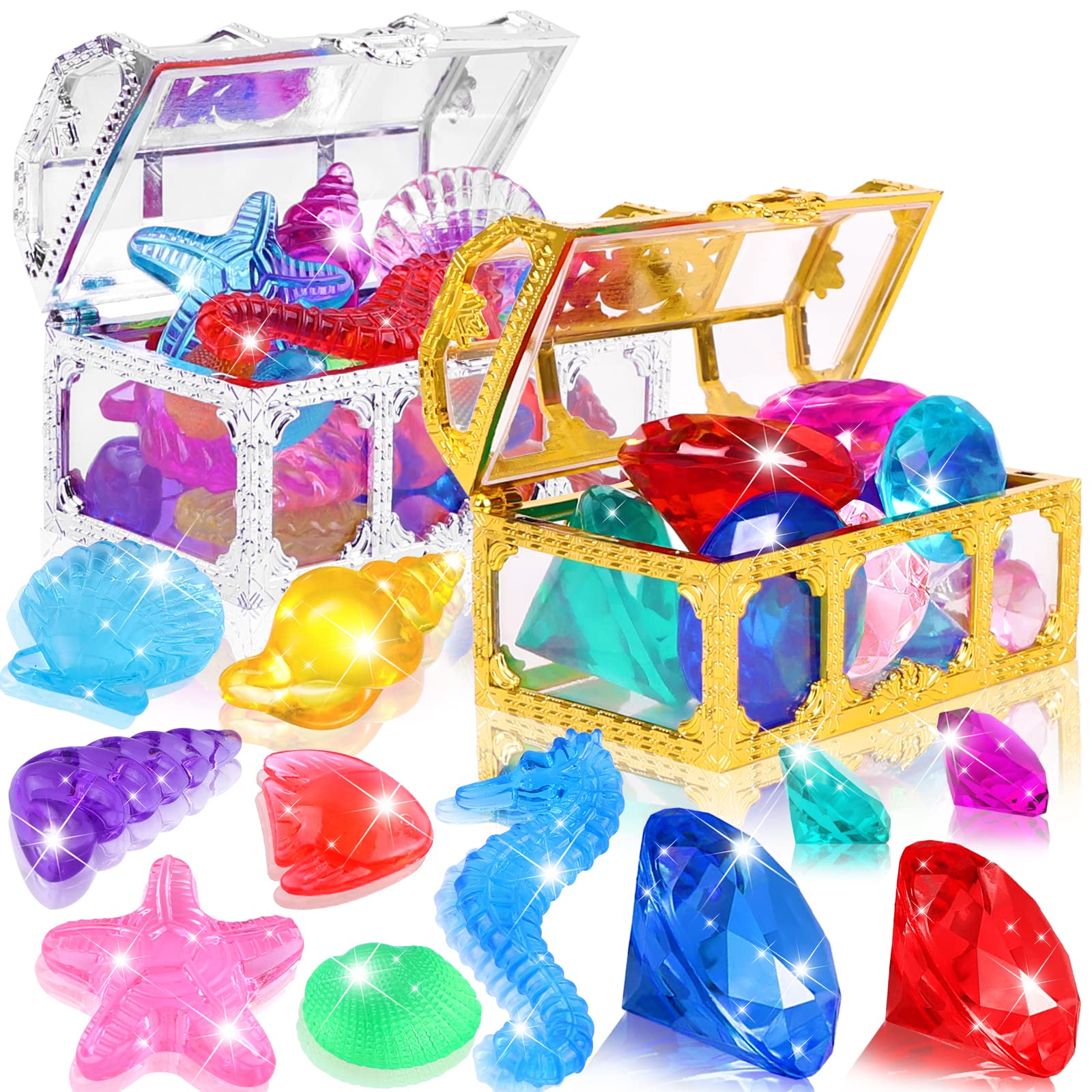 YUJUN 30 Pieces Colorful Diving Gem Pool Toys Big Diamond Ocean Animals Gem with Treasure Pirate Chest Box Summer Underwater Acrylic Gemstones Set for Kids Swimming Pool Party Favors