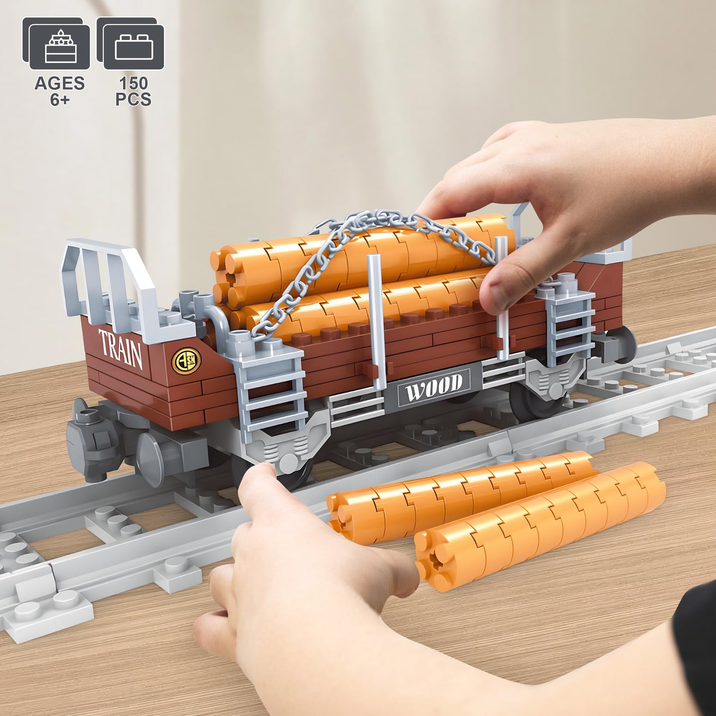 Finger Rock City Freight Train Car Building Toy Sets, Classic Wooden Carriage Cargo Train Model, 150 Pcs Moc Construction Toys For Train Lovers,Stem Gifts For Boys Girls 6 7 8+