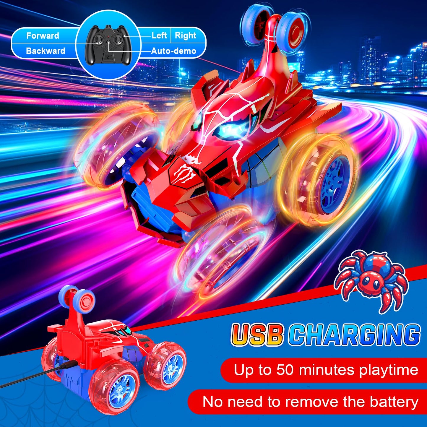 Innofans Remote Control Car for Boys, 360 Rotating 4WD Stunt Spider RC Cars with Cool LED Lights, Rechargeable Car Toys Birthday