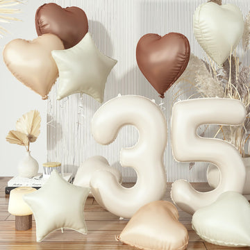 35Th Birthday Balloons Decor, Cream Brown Tan Helium Number 35 Balloon Heart Balloon, Neutral Beige Sand White Nude Foil Star Ba