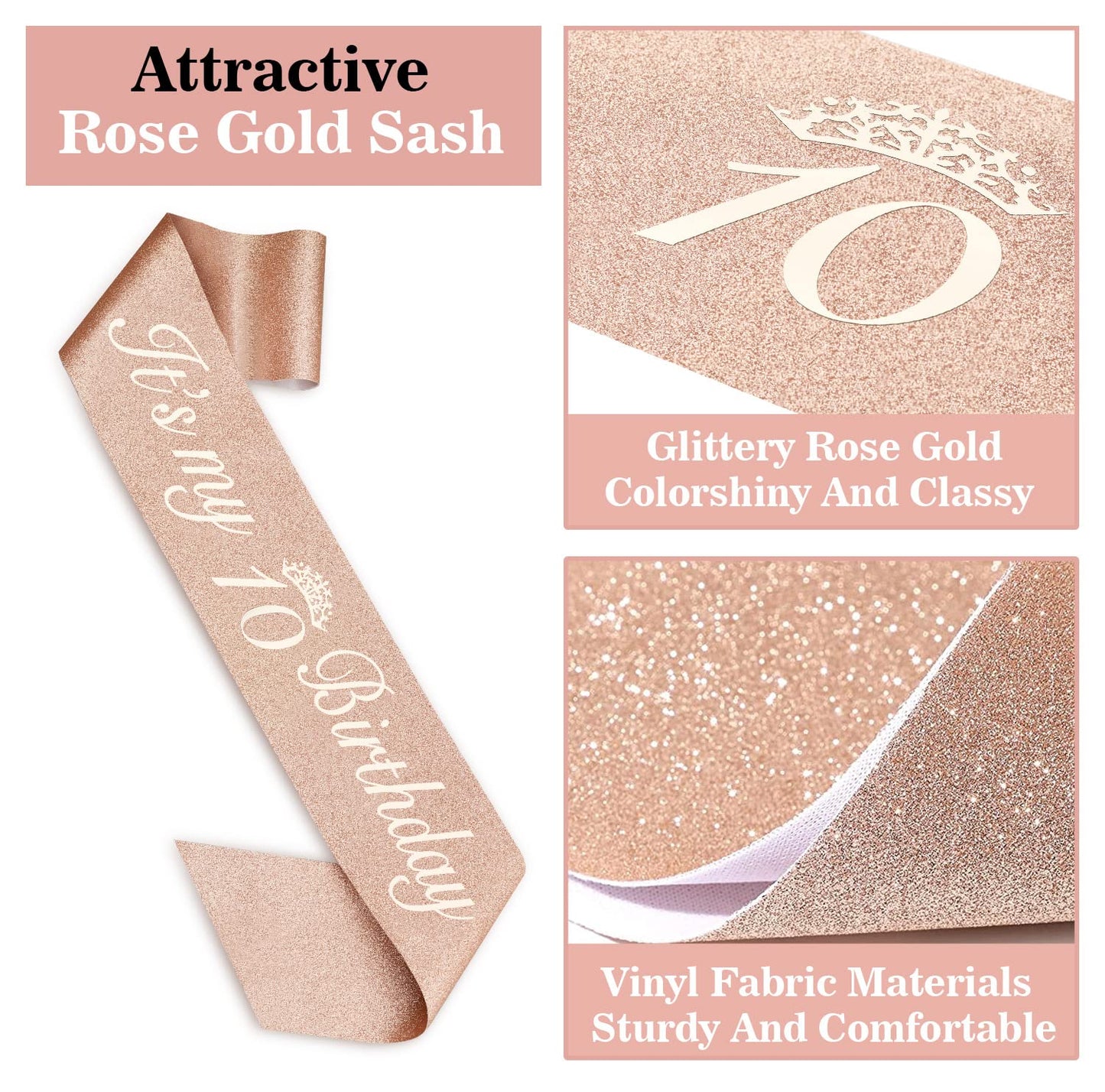 10Th Birthday Decorations For Girls, Including Sash, Crown/Tiara, Candles, Cake Topper. 10Th Birthday Gifts For Girls, Rose Gold Party Decor Supplies