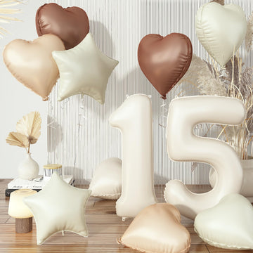 Large Sand White 15 Balloons, Foil Cream Brown Apricot Beige Number 15 Balloons, Tan Heart Balloons Boho Helium Nude Neutral Sta