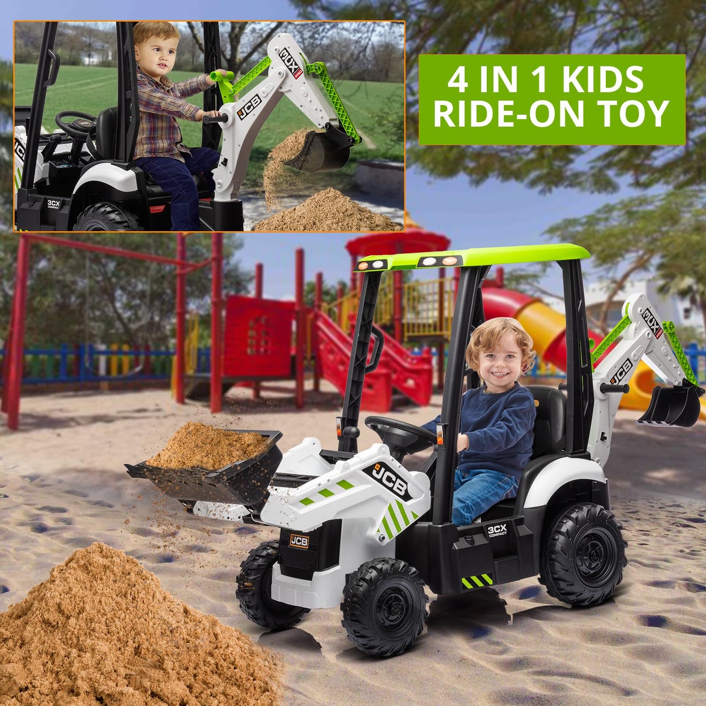 4 In 1 Ride On Excavator, 12V Licensed Jcb Excavator Ride On Toy With Remote Control, Front Loader, Horn And Eva Tires, 4 Transformable Forms Kids Excavator Digger, White