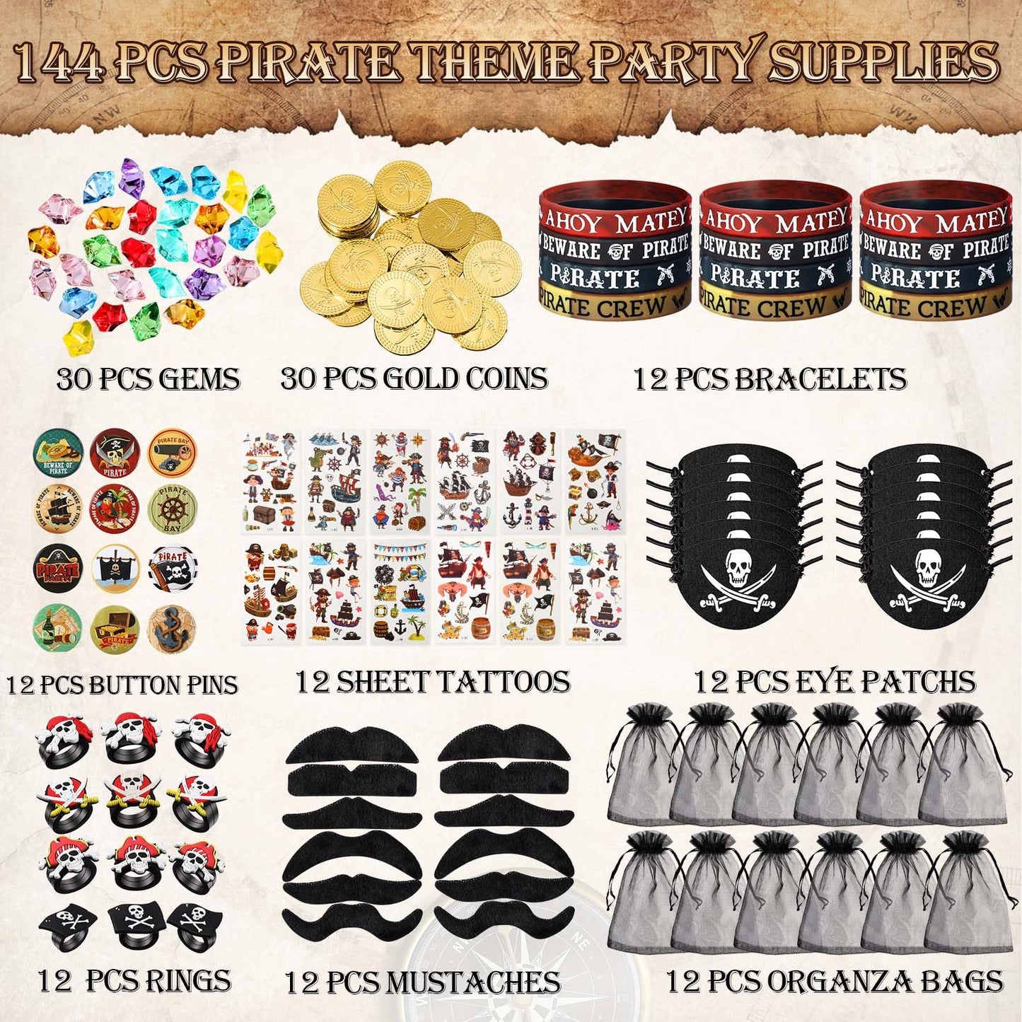 Harrycle 144 Pcs Pirate Party Favors Supplies Include Pirate Bracelet Nautical Tattoo Button Pin Eye Patch Gold Coin Gem Ring Mu