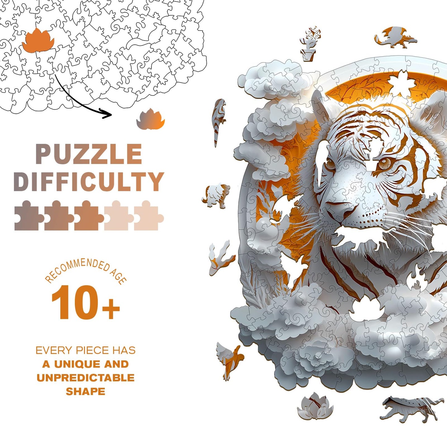 Wooden Puzzles for mature-themeds  Unique Animal Shaped Paper Tiger mature-themed Puzzle  3D Vision Wooden Jigsaw Puzzles mature-themed  Challenging Creative Gifts Family Games 8.5 * 8.5in 100pcs