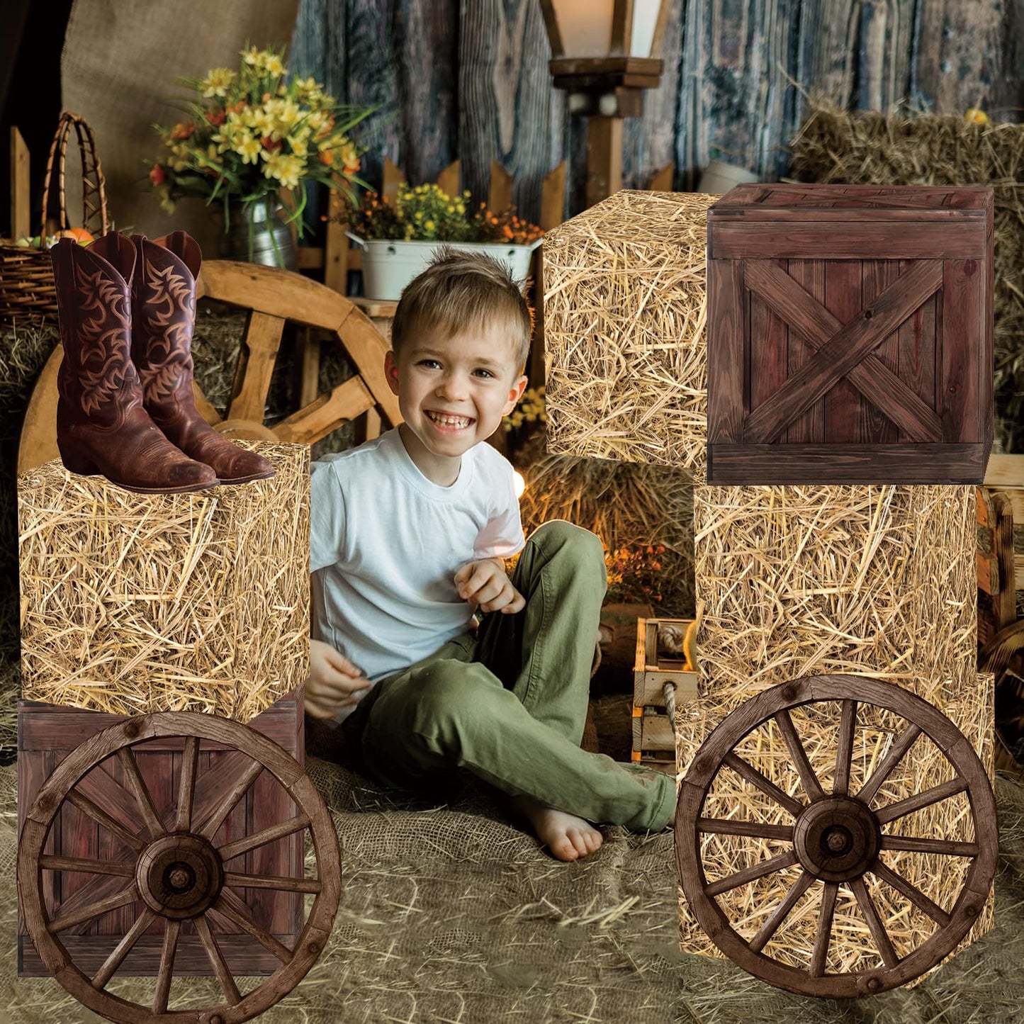 Gameza Western Hay Bales Boxes Decor, Western Cowboy Party Decorations Farm Trunk or Treat Car Hay Bales Wagon Wheel Decorations