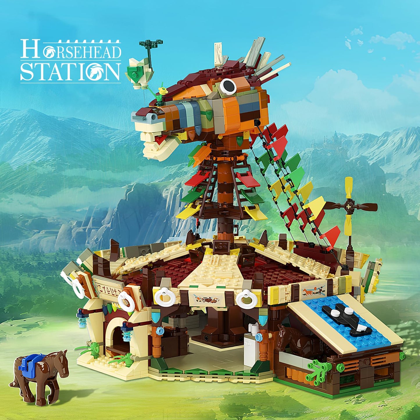 Horse Station Building Model Kit, Game Scene Hyrule Horse Head Station Yurt Tent Rooftop Building Toy, Game Scene Collectible Gifts Construction Toys For Adults Or Fans (1764 Pcs)